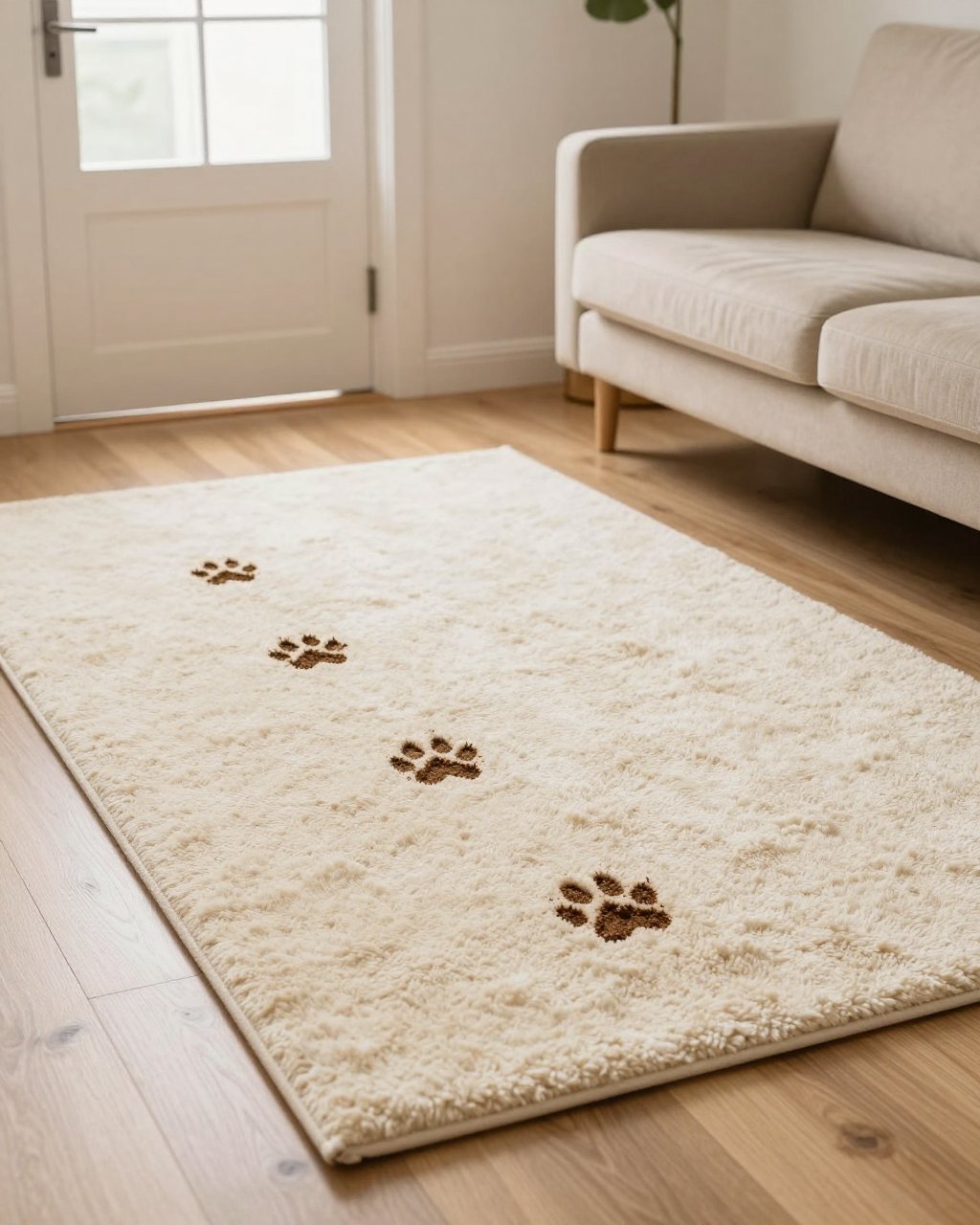 AI-generated scene: muddy paw prints across a cream rug in a living room