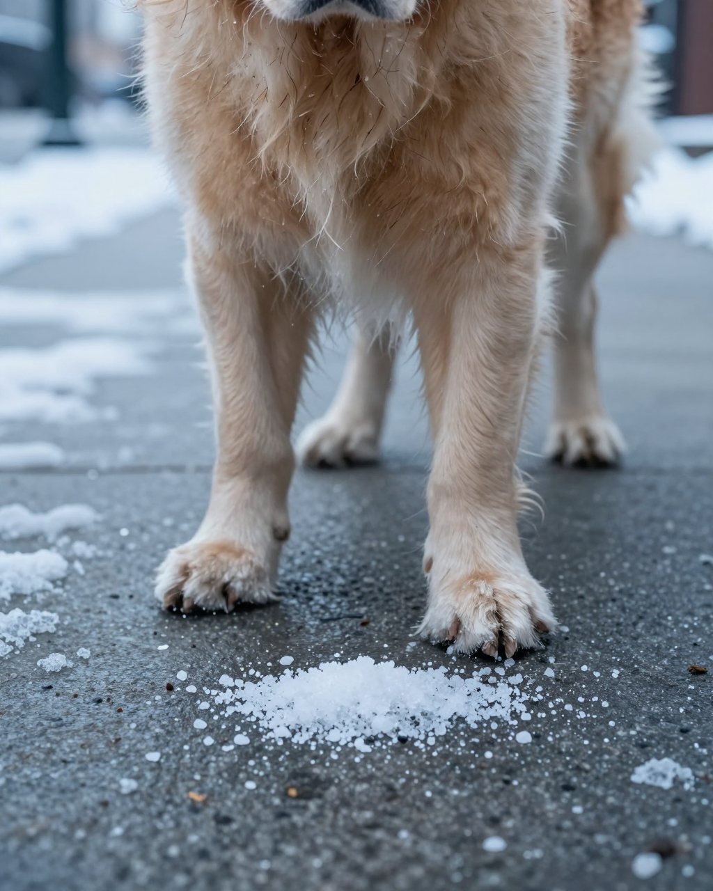 AI-generated scene: dog's paws on a winter sidewalk scattered with de-icing salt
