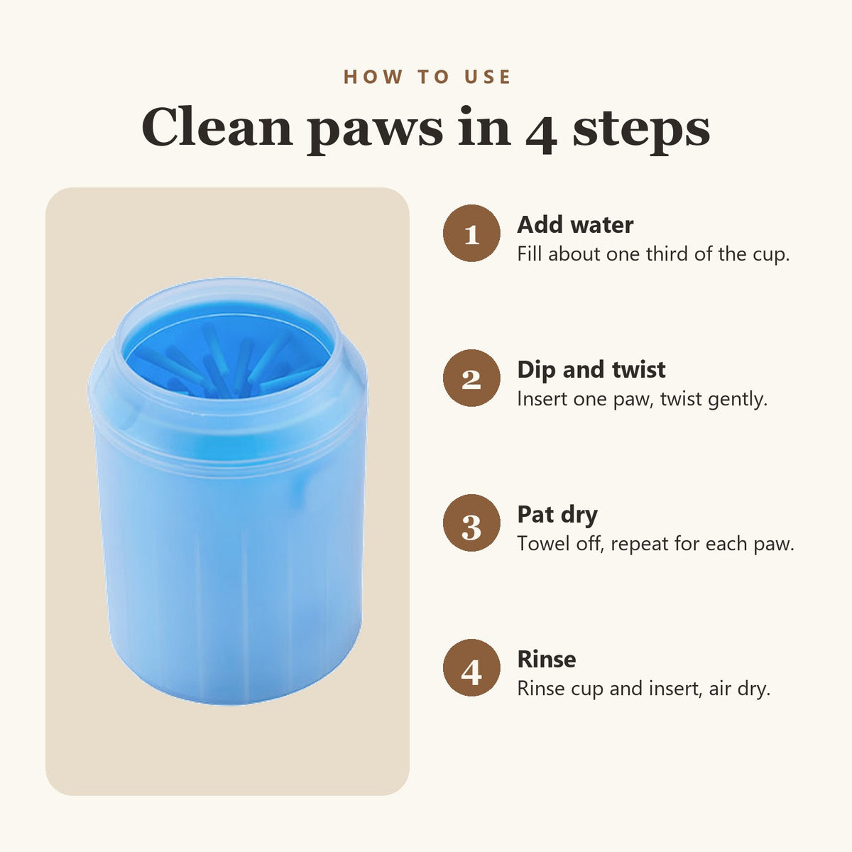 How to use the paw cleaner cup in four steps